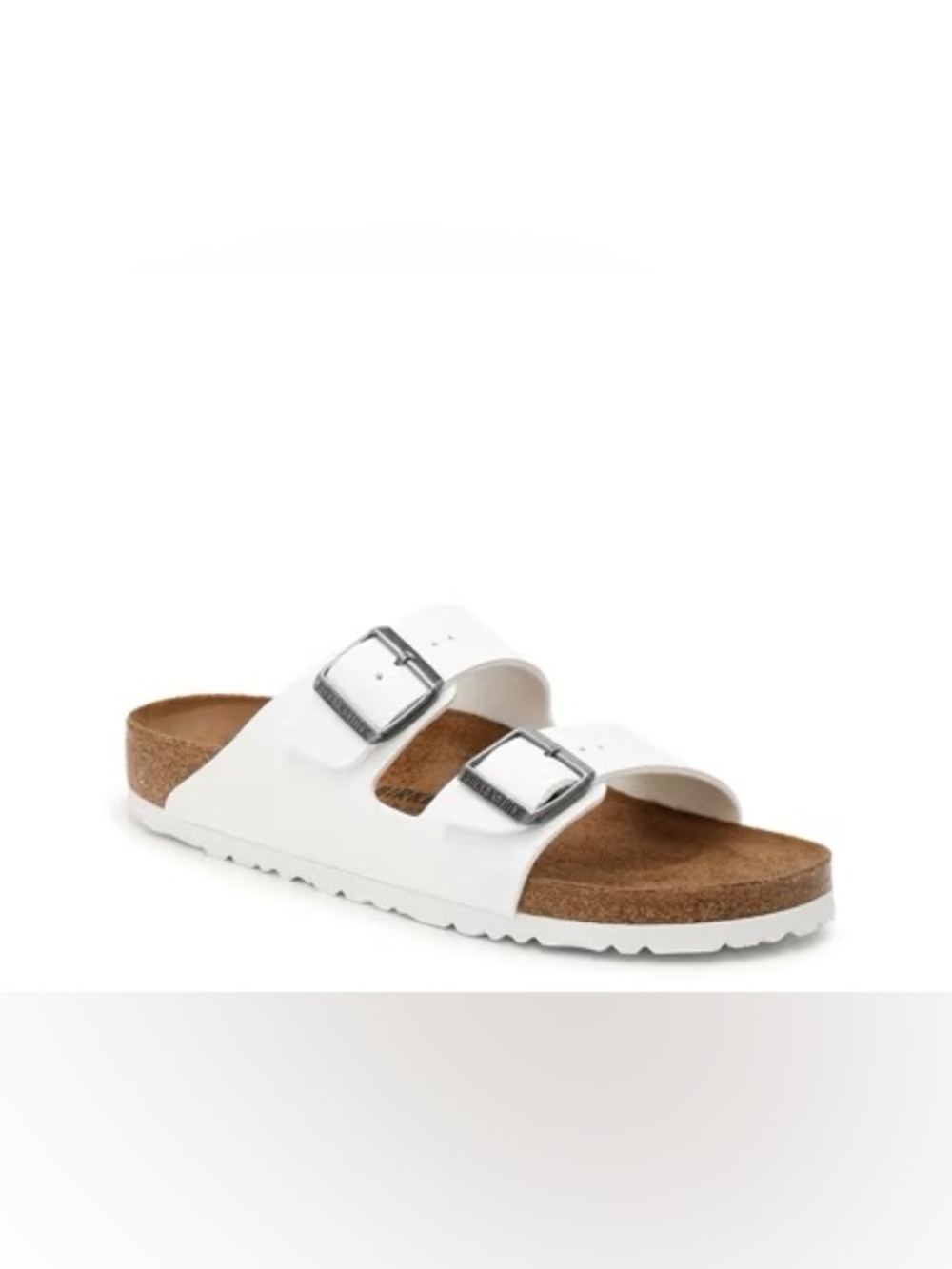 Birkenstock White Arizona Two-Strap Slide Sandals with Silver Buckles